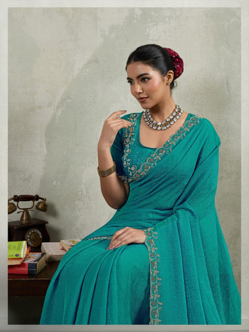 Firozi Embroidered Saree with Designer Blouse | Elegant Indian Ethnic Wear UK