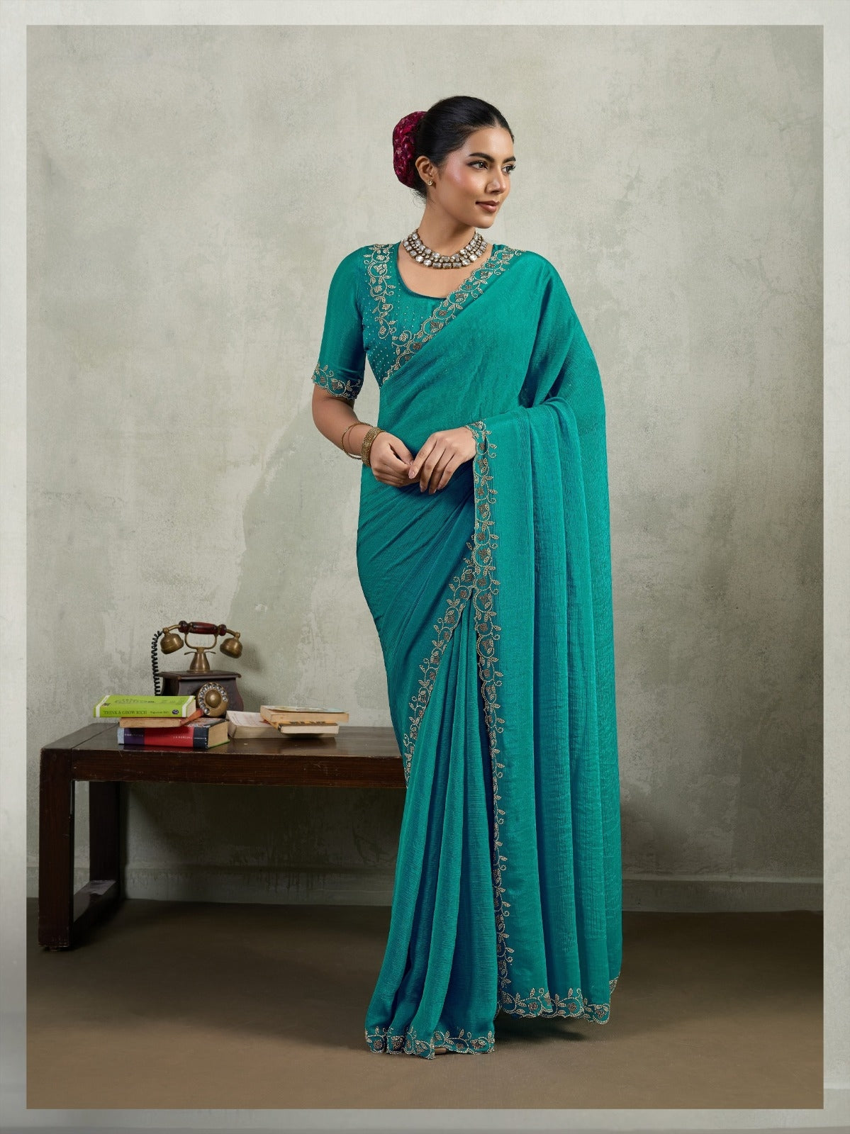 Firozi Embroidered Saree with Designer Blouse | Elegant Indian Ethnic Wear UK