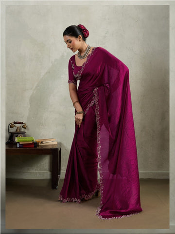 Wine Embroidered Saree with Designer Blouse | Elegant Indian Ethnic Wear UK