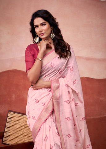 Soft Blush Pink Cotton Saree for Women | Elegant Pastel Ethnic Wear with Minimal Motifs & Classic Border