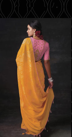 Orange Bandhani Saree with Green Blouse | UK Ethnic Wear