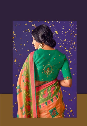 Orange Silk Saree with Green Motifs | Indian Sarees UK