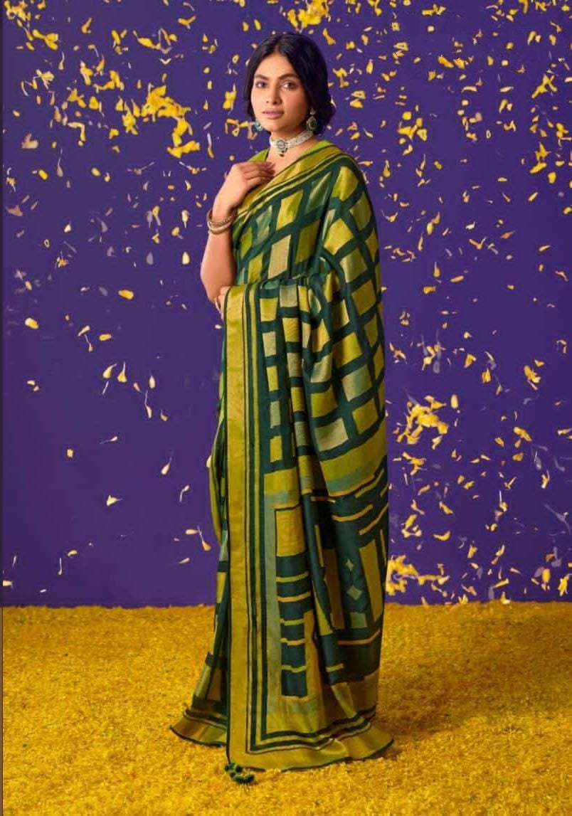 Green & Mustard Silk Saree with Geometric Design | UK