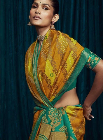 Yellow Saree with Teal Border | Indian Sarees UK