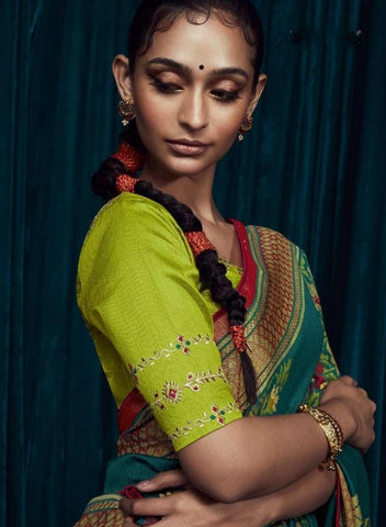 Teal Green Floral Saree with Contrast Border | UK