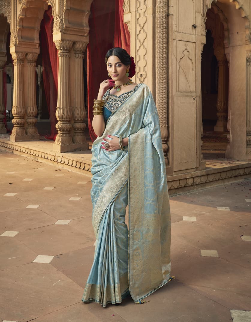 Royal Sky Blue Silk Saree Look | Timeless Elegance in Heritage Palace Aesthetic