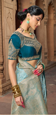 Royal Sky Blue Silk Saree Look | Timeless Elegance in Heritage Palace Aesthetic