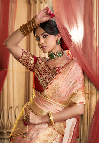 Royal Peach Gold Silk Saree Look | Timeless Bridal Elegance in Heritage Palace Setting