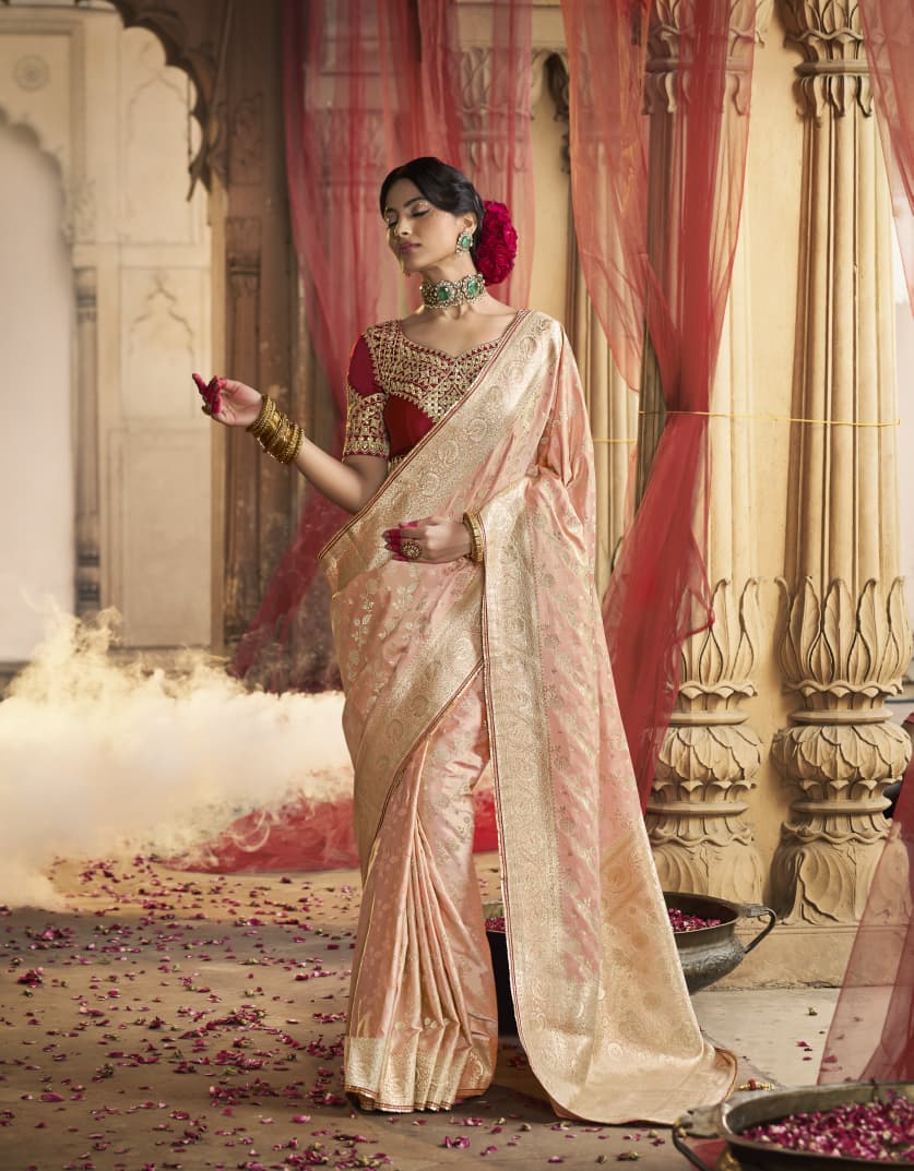 Royal Peach Gold Silk Saree Look | Timeless Bridal Elegance in Heritage Palace Setting