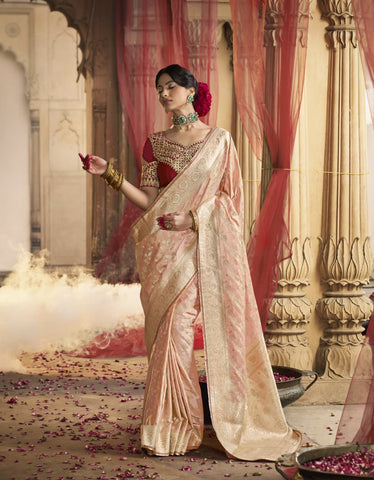Royal Peach Gold Silk Saree Look | Timeless Bridal Elegance in Heritage Palace Setting