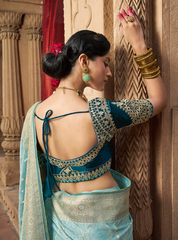 Royal Sky Blue Silk Saree Look | Timeless Elegance in Heritage Palace Aesthetic