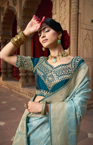 Royal Sky Blue Silk Saree Look | Timeless Elegance in Heritage Palace Aesthetic