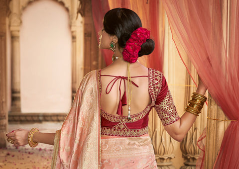 Royal Peach Gold Silk Saree Look | Timeless Bridal Elegance in Heritage Palace Setting