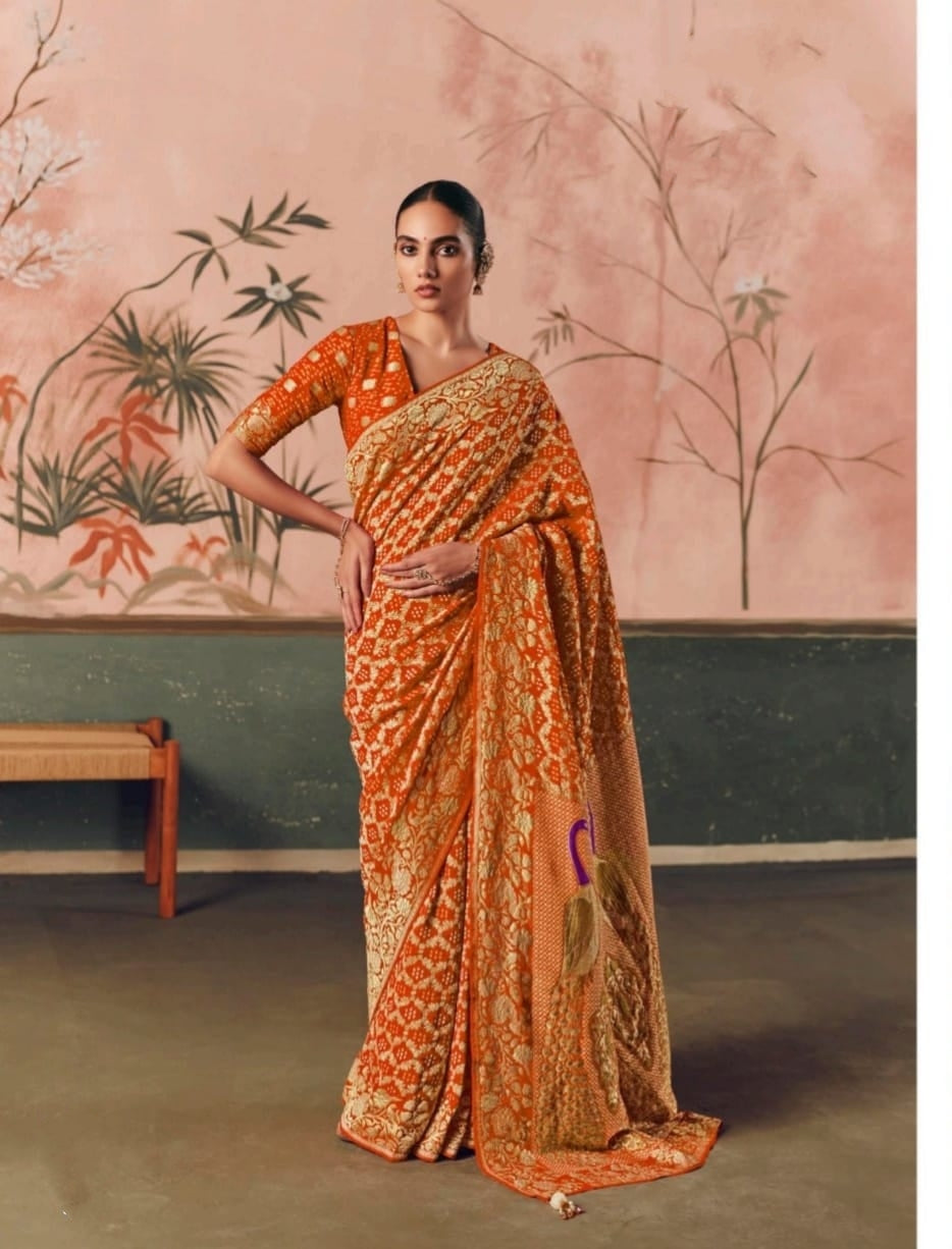Orange Banarasi Silk Saree with Zari Work | UK