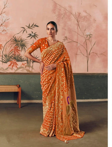 Orange Banarasi Silk Saree with Zari Work | UK