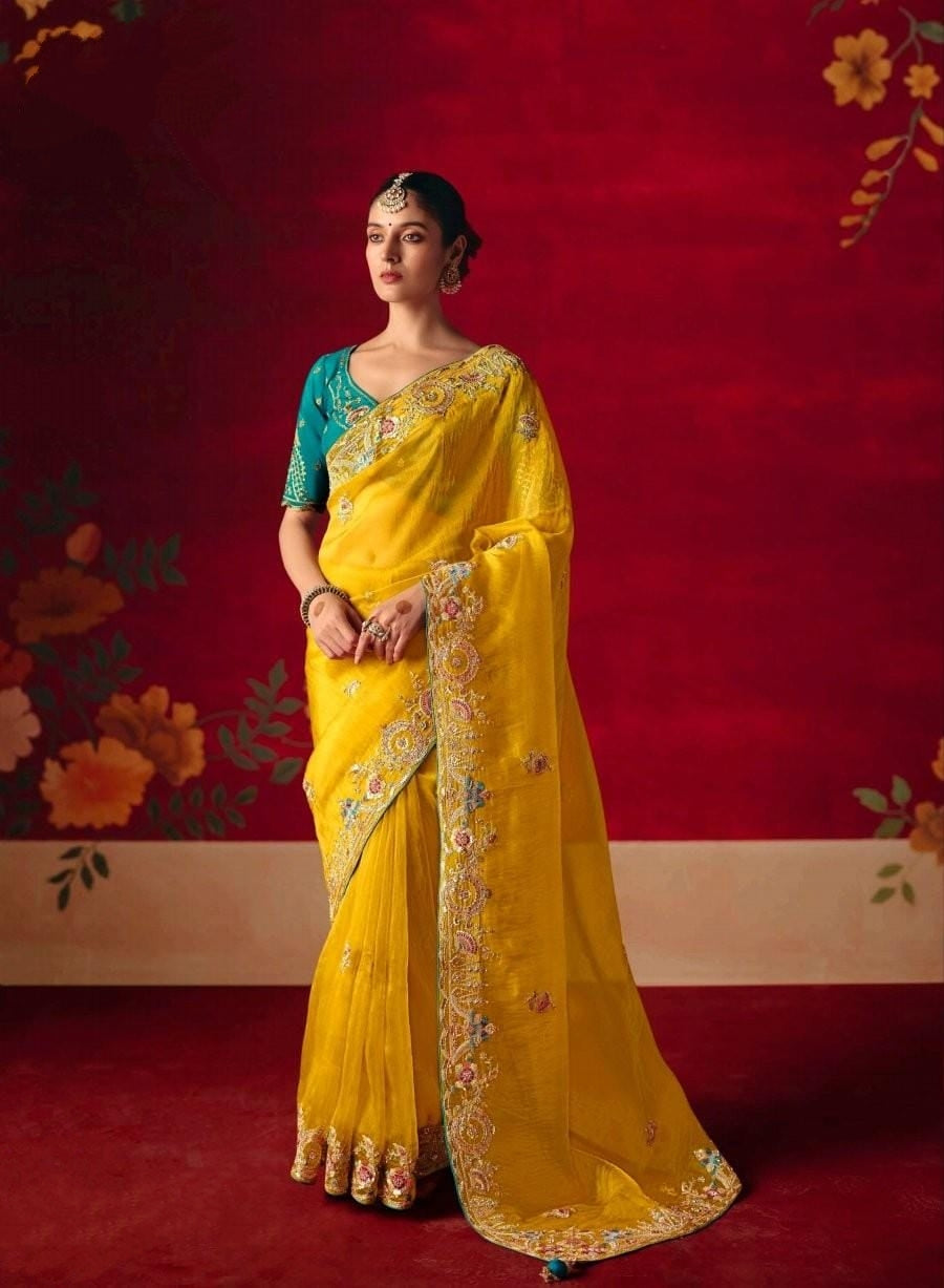 Yellow Embroidered Designer Sarees for Women | Wedding Sarees UK