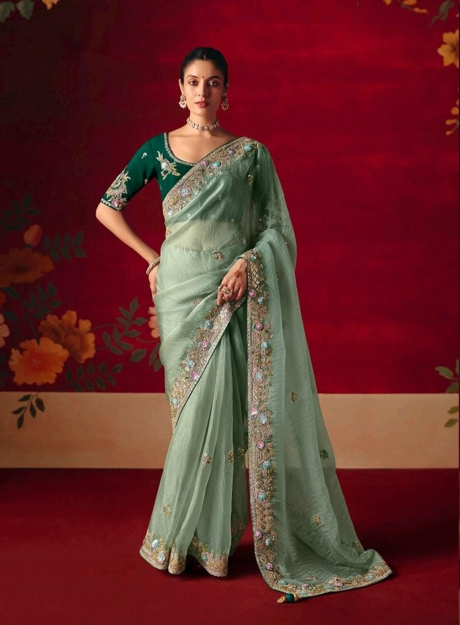 Sea Green Embroidered Designer Sarees for Women | Wedding Sarees UK
