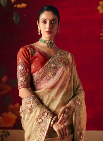 Beige Embroidered Designer Sarees for Women | Wedding Sarees UK