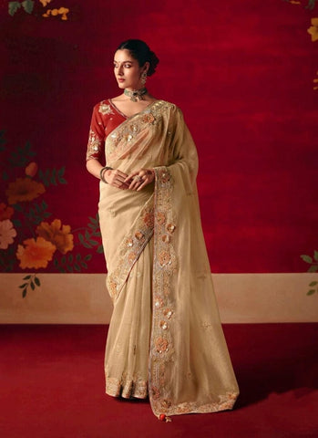 Beige Embroidered Designer Sarees for Women | Wedding Sarees UK