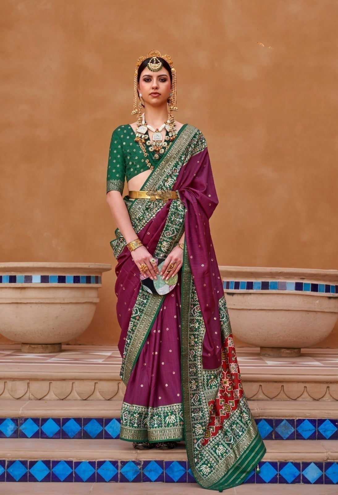 Wine Designer Silk Saree with Traditional Border | Wedding Wear UK