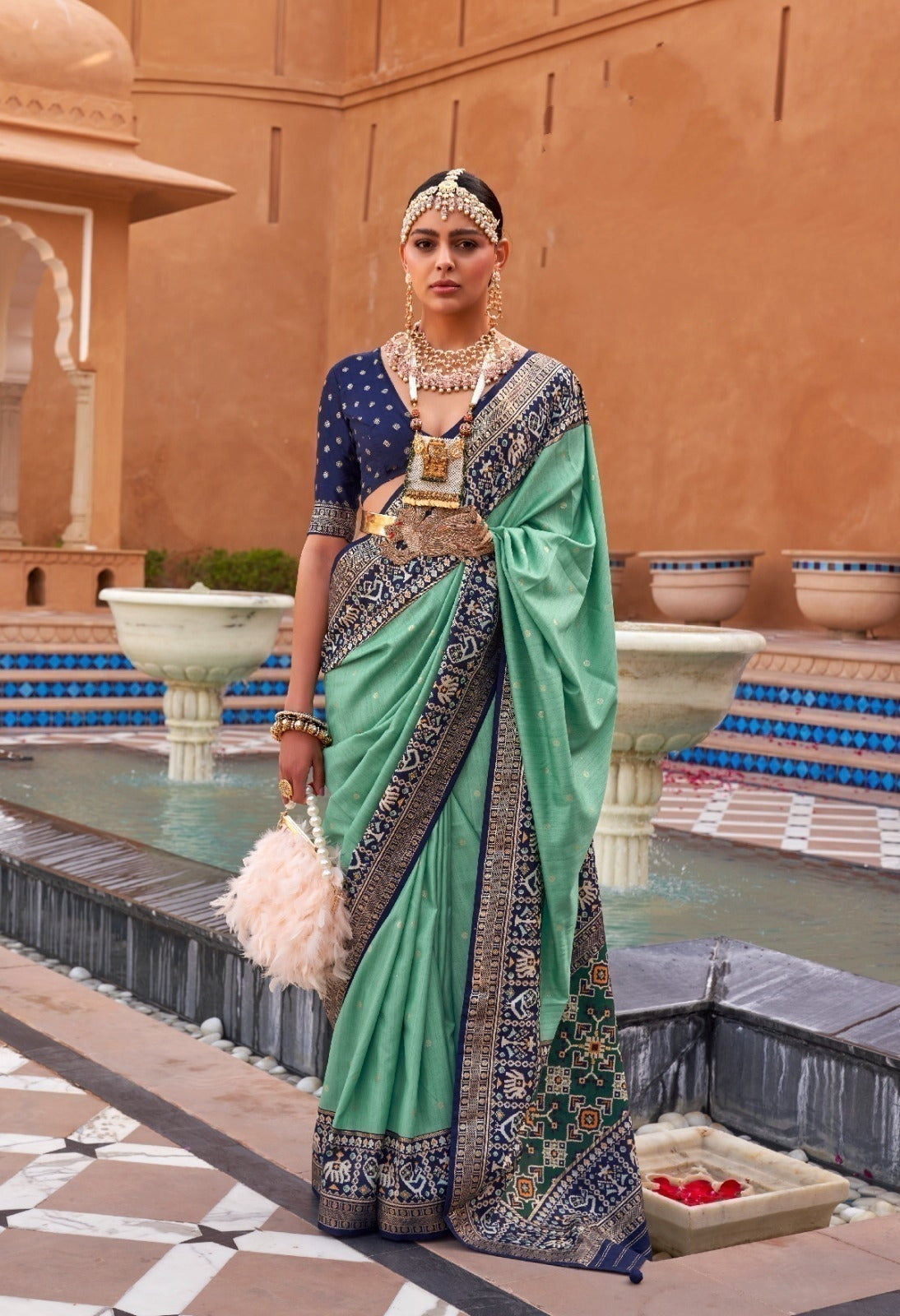 Sea Green Designer Silk Saree with Traditional Border | Wedding Wear UK