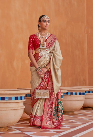 Cream Designer Silk Saree with Traditional Border | Wedding Wear UK