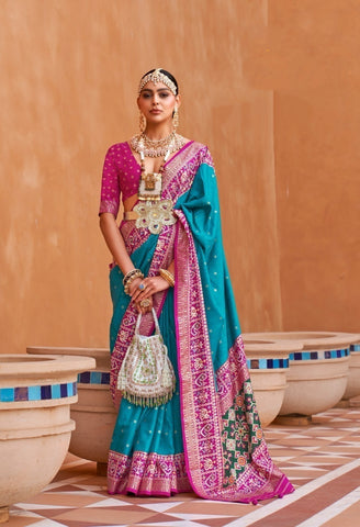 Firozi Designer Silk Saree with Traditional Border | Wedding Wear UK