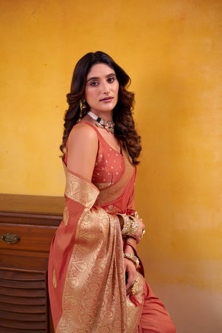 Orange Elegant Banarasi Silk Saree with Woven Gold Motifs | UK