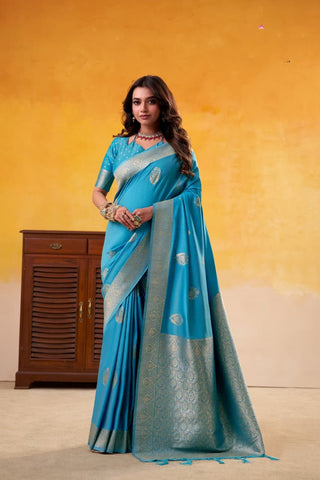 Firozi Elegant Banarasi Silk Saree with Woven Gold Motifs | UK