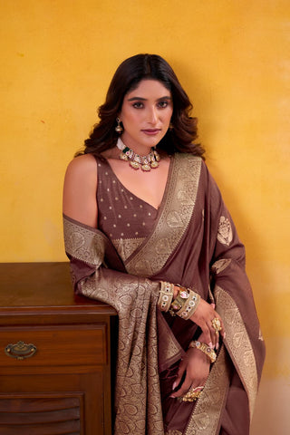 Brown Elegant Banarasi Silk Saree with Woven Gold Motifs | UK