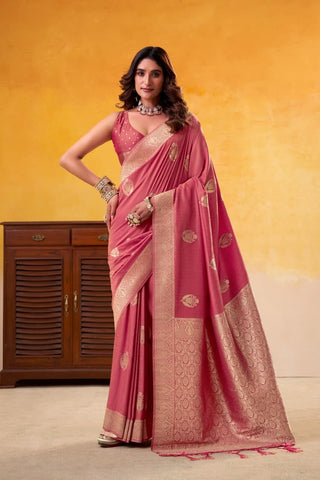 Peach Elegant Banarasi Silk Saree with Woven Gold Motifs | UK
