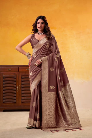 Brown Elegant Banarasi Silk Saree with Woven Gold Motifs | UK