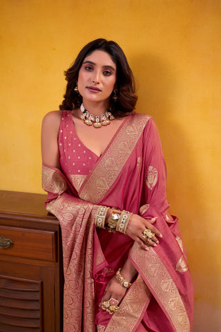 Peach Elegant Banarasi Silk Saree with Woven Gold Motifs | UK