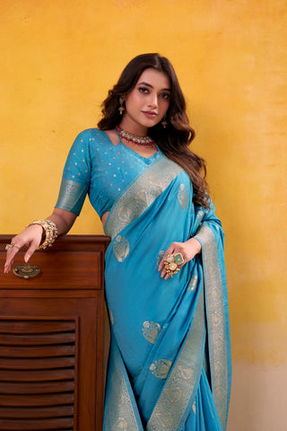 Firozi Elegant Banarasi Silk Saree with Woven Gold Motifs | UK