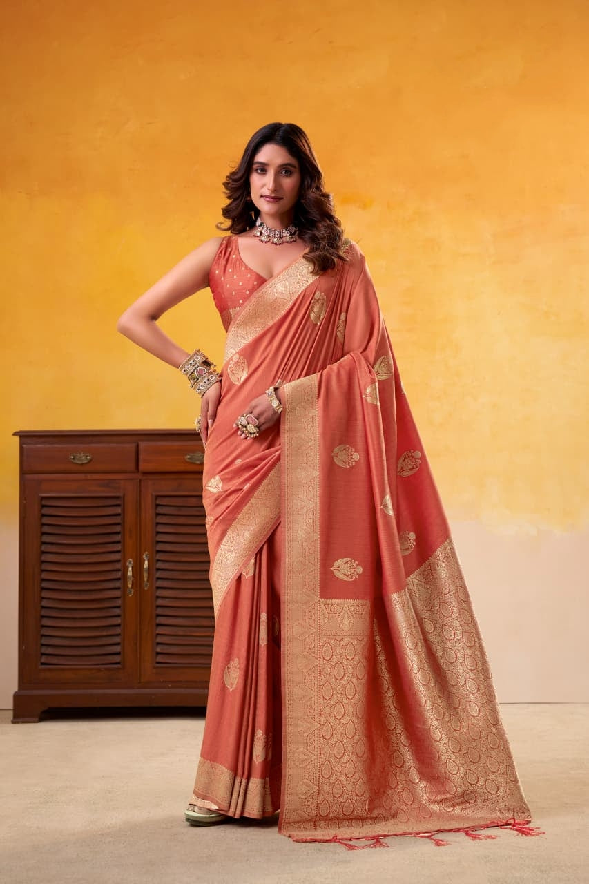 Orange Elegant Banarasi Silk Saree with Woven Gold Motifs | UK