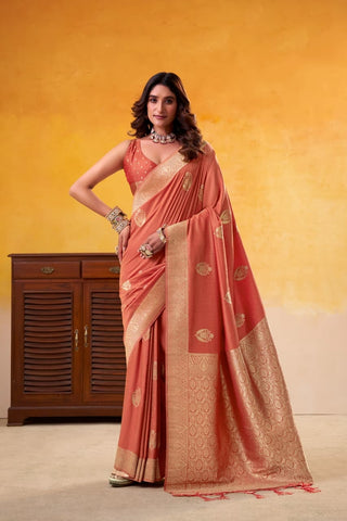 Orange Elegant Banarasi Silk Saree with Woven Gold Motifs | UK