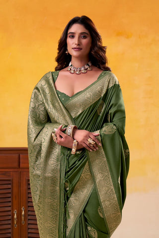 Green Elegant Banarasi Silk Saree with Woven Gold Motifs | UK