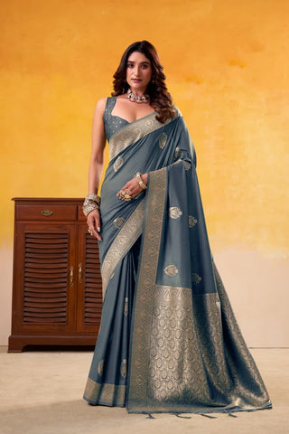 Grey Elegant Banarasi Silk Saree with Woven Gold Motifs | UK