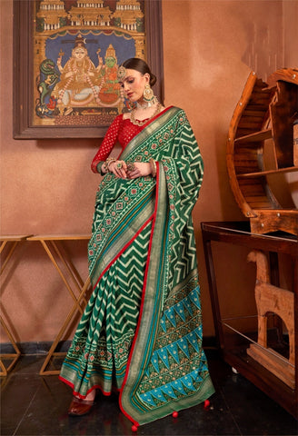 Bottle Green Patola Saree with Traditional Weave | Luxury Indian Sarees UK