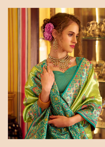 Green Banarasi Silk Saree with Multicolour Woven Border