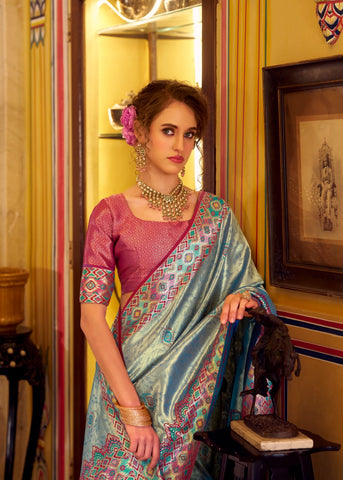 Blue Banarasi Silk Saree with Multicolour Woven Border