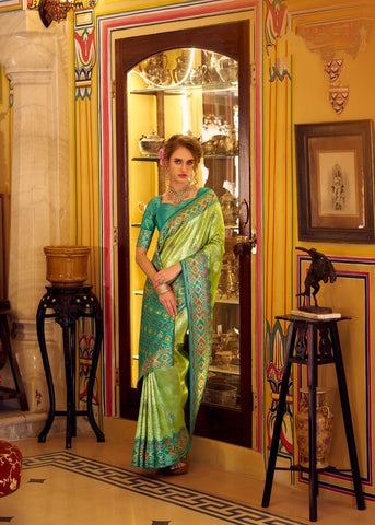 Green Banarasi Silk Saree with Multicolour Woven Border