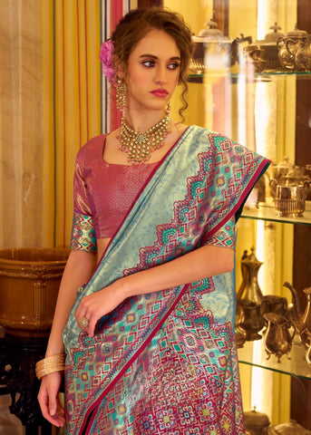 Blue Banarasi Silk Saree with Multicolour Woven Border