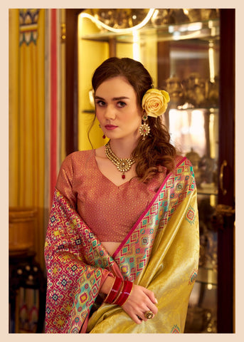 Yellow Banarasi Silk Saree with Multicolour Woven Border