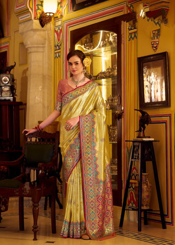 Yellow Banarasi Silk Saree with Multicolour Woven Border