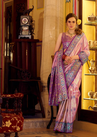 Pink Banarasi Silk Saree with Multicolour Woven Border