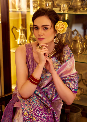 Pink Banarasi Silk Saree with Multicolour Woven Border