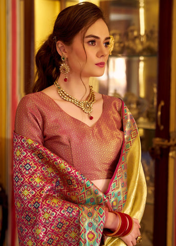 Yellow Banarasi Silk Saree with Multicolour Woven Border