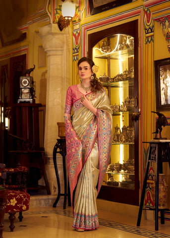 Cream Banarasi Silk Saree with Multicolour Woven Border