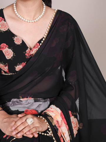 Black Floral Printed Saree with Pearl Border | Elegant Sarees UK